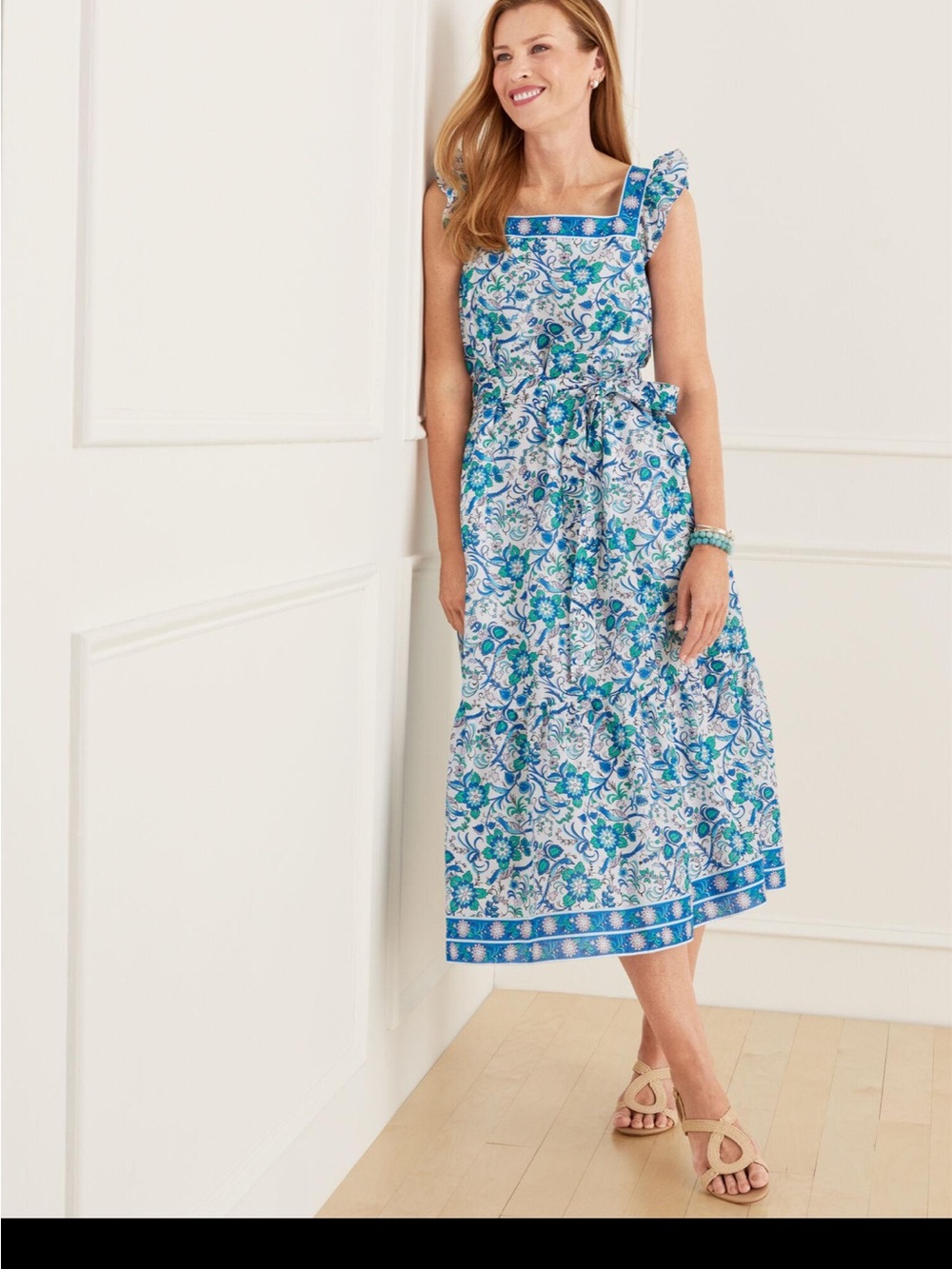 Songbird Floral Voile Square Neck Dress Blue Midi Sundress with Tie Waist